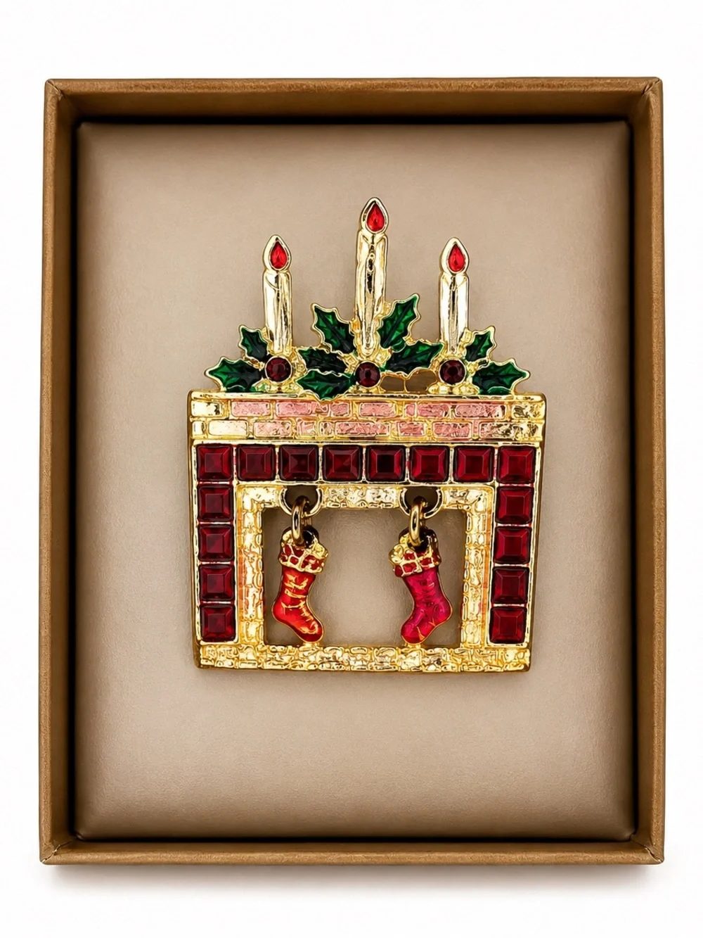 Vintage Christmas Fireplace Brooch Pin Stockings Candles Holiday Rhinestone Gift